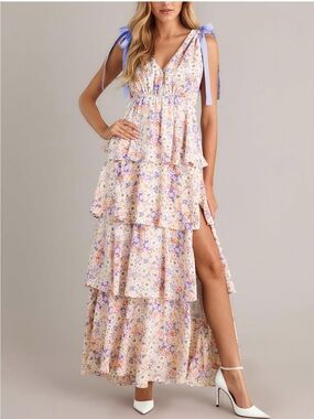 Floral Tiered Maxi Dress with Lavender Tie Straps
